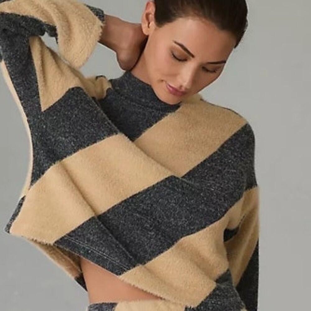 Anthropologie Diagonal Stripe Fuzzy Sweater in Beige and Charcoal - Picture 7 of 10